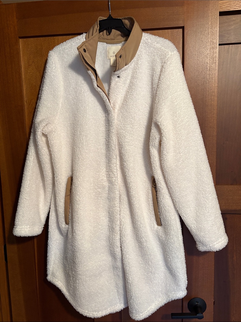 Aspen Women’s Cream Sherpa Coat with Tan Trim